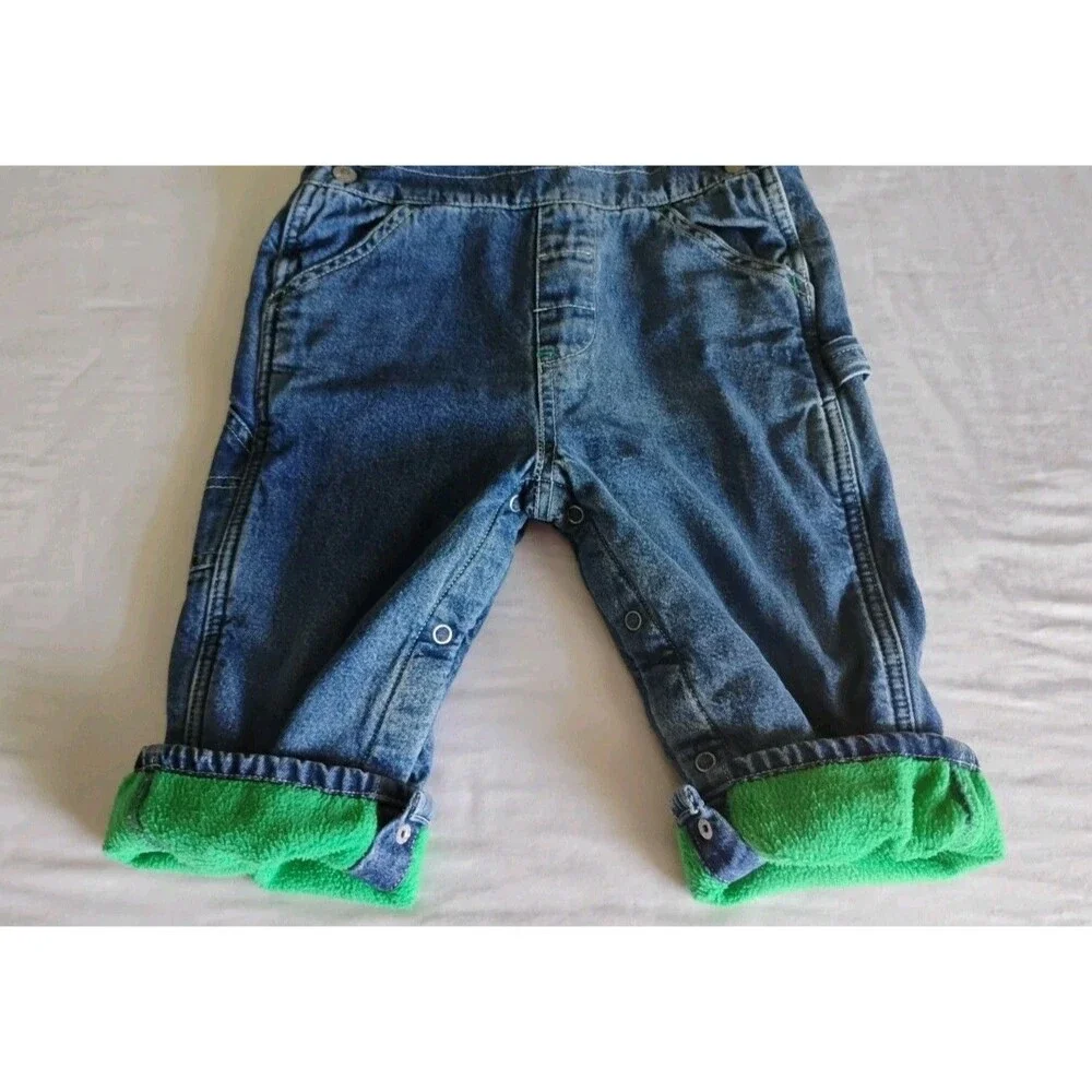Vtg BABY GAP Denim Overalls Green Fleece Lined Zip Pocket Utility 18-24 Mo RARE